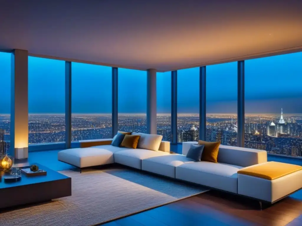 Penthouse de lujo con vista nocturna a la ciudad y diseño elegante Elegante penthouse moderno con vista nocturna de la ciudad y diseño de lujo, ideal para estrategias de Marketing de lujo inmobiliario