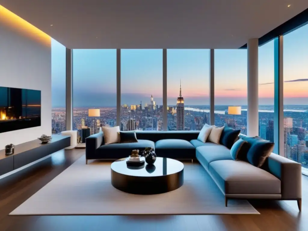 Penthouse de lujo con vista panorámica y diseño contemporáneo Elegante penthouse moderno con vista panorámica a la ciudad, diseño de lujo