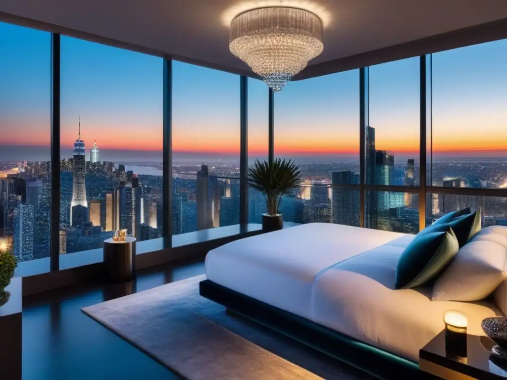 Penthouse de lujo con vistas a la ciudad al atardecer Un elegante penthouse moderno con vistas a la ciudad al anochecer, diseño de lujo y comodidades refinadas