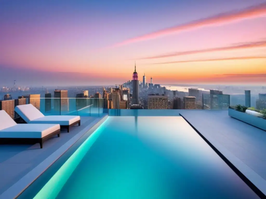 Penthouse de lujo con skyline al atardecer Elegante penthouse moderno con vistas a la ciudad al atardecer