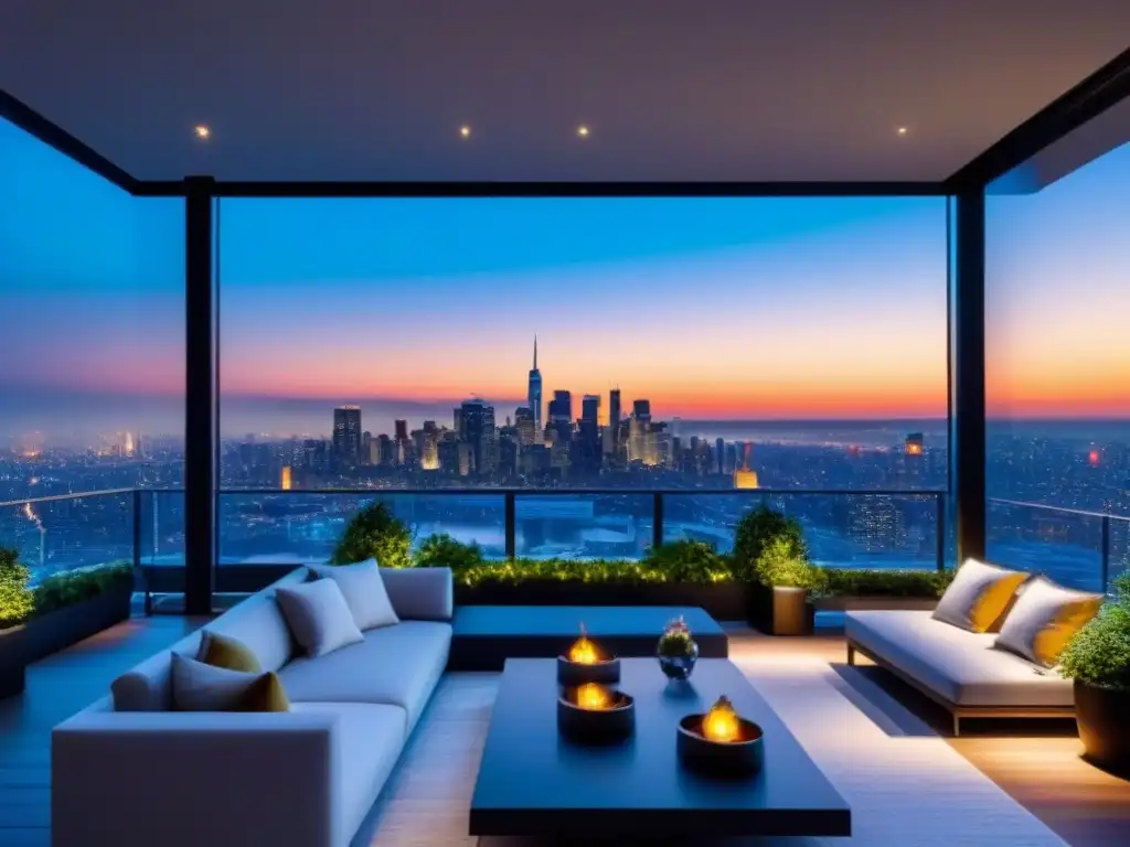Elegante penthouse con vista a la ciudad al atardecer, diseño contemporáneo y terraza exuberante