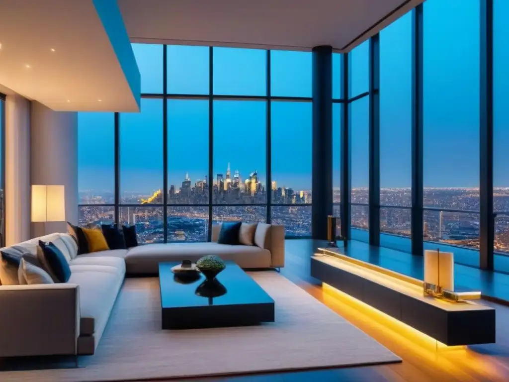 Penthouse de lujo con vistas panorámicas y elegante decoración urbana Elegante penthouse con vista a la ciudad, mobiliario moderno y detalles de lujo