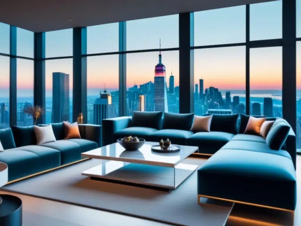 Penthouse moderno con vista panorámica y diseño elegante en la ciudad Elegante penthouse con vista a la ciudad, mobiliario contemporáneo y luz natural, ideal para integrar Seguros en bienes raíces