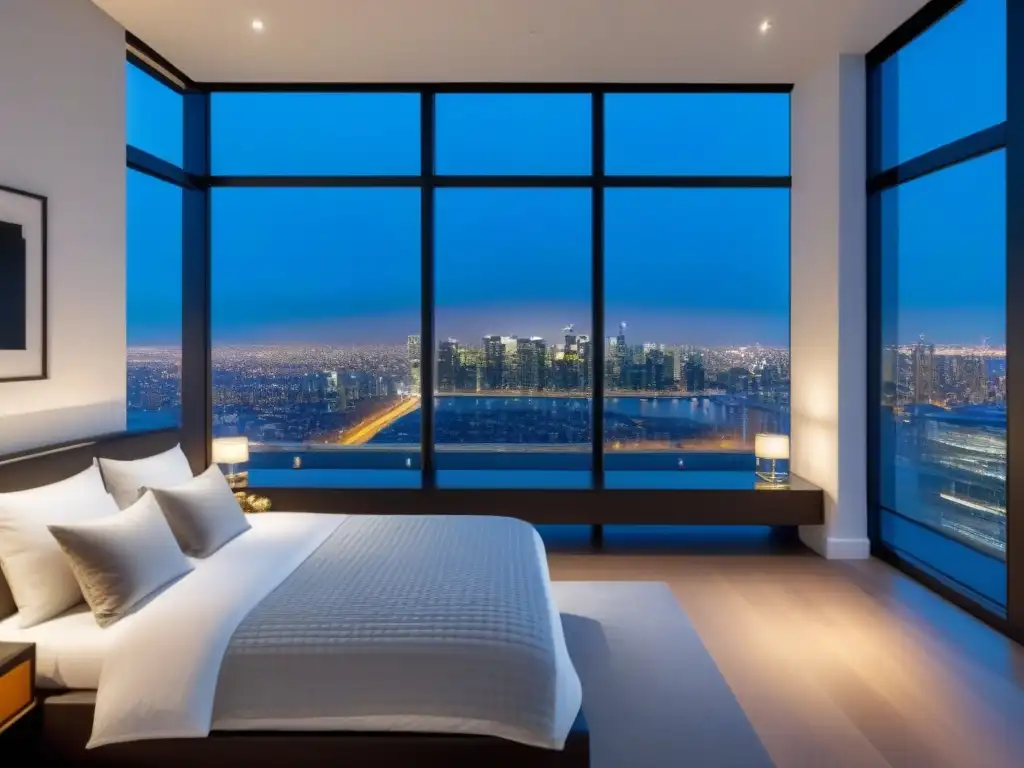 Penthouse de lujo con vistas nocturnas a la ciudad Elegante penthouse con vista nocturna de la ciudad