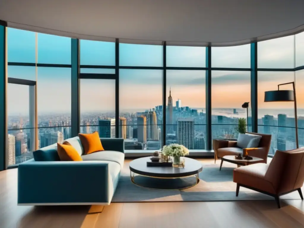 Penthouse de lujo con vista panorámica a la ciudad Elegante penthouse con vista panorámica de la ciudad, muebles de diseño y acabados de lujo