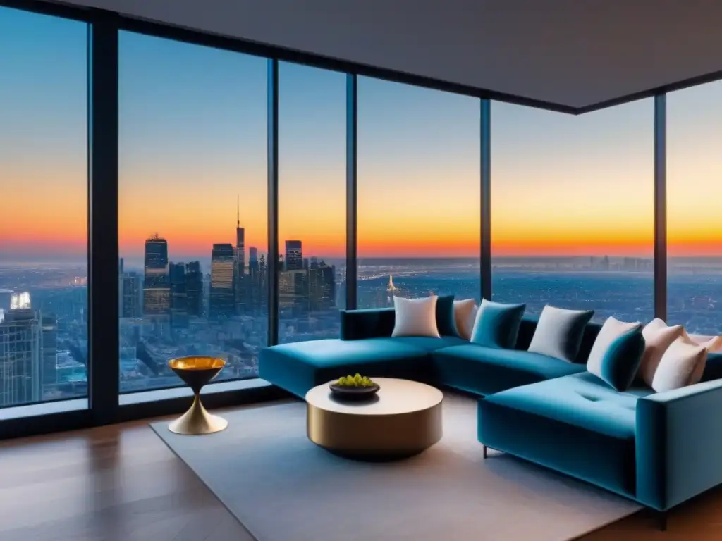 Penthouse de lujo con vista panorámica a la ciudad Elegante penthouse con vista panorámica de la ciudad, decorado con lujo y estilo