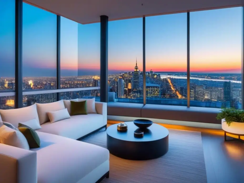 Penthouse de lujo con vista panorámica de la ciudad al atardecer Elegante penthouse con vista urbana al atardecer