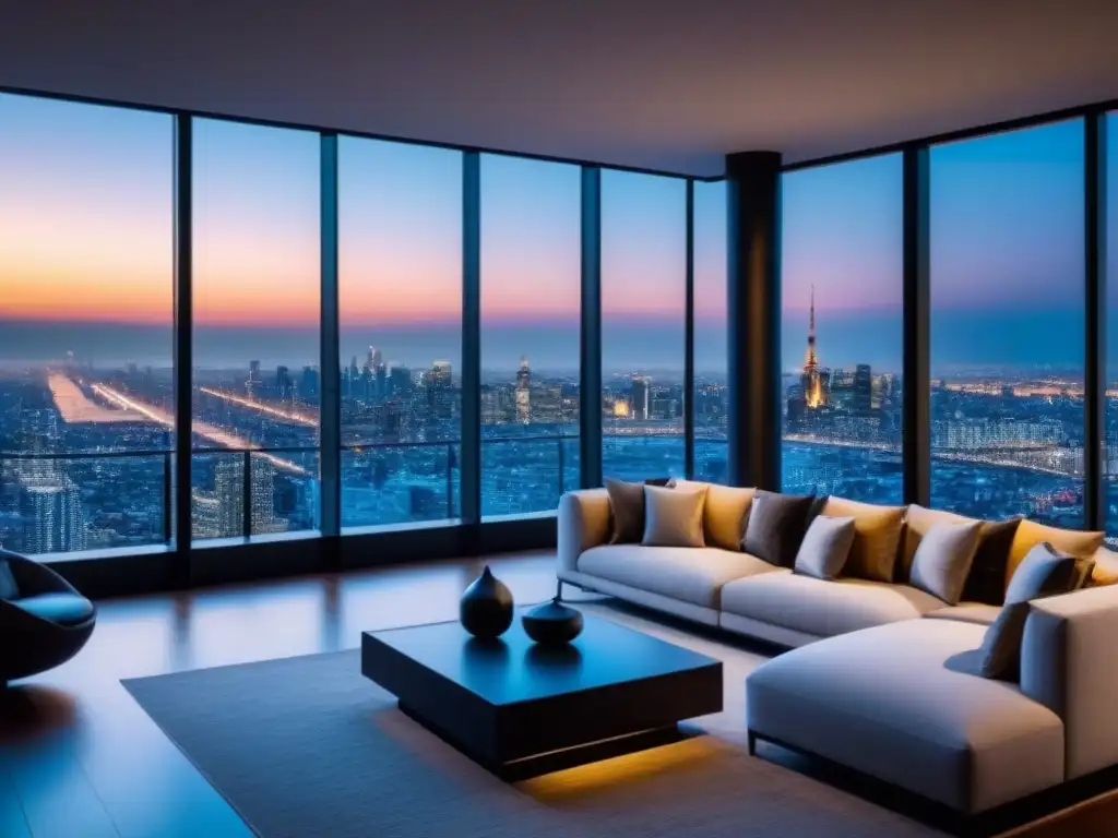 Penthouse de lujo con vista panorámica en la ciudad Elegante penthouse con vistas a la ciudad, diseño moderno y terraza panorámica