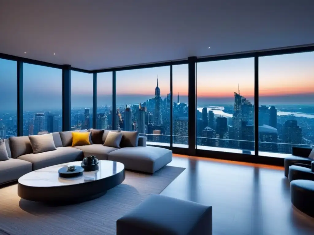 Penthouse de lujo con vista panorámica en ciudad moderna Elegante penthouse con vistas a la ciudad, diseño moderno y lujo en estrategias de gestión de propiedades de lujo