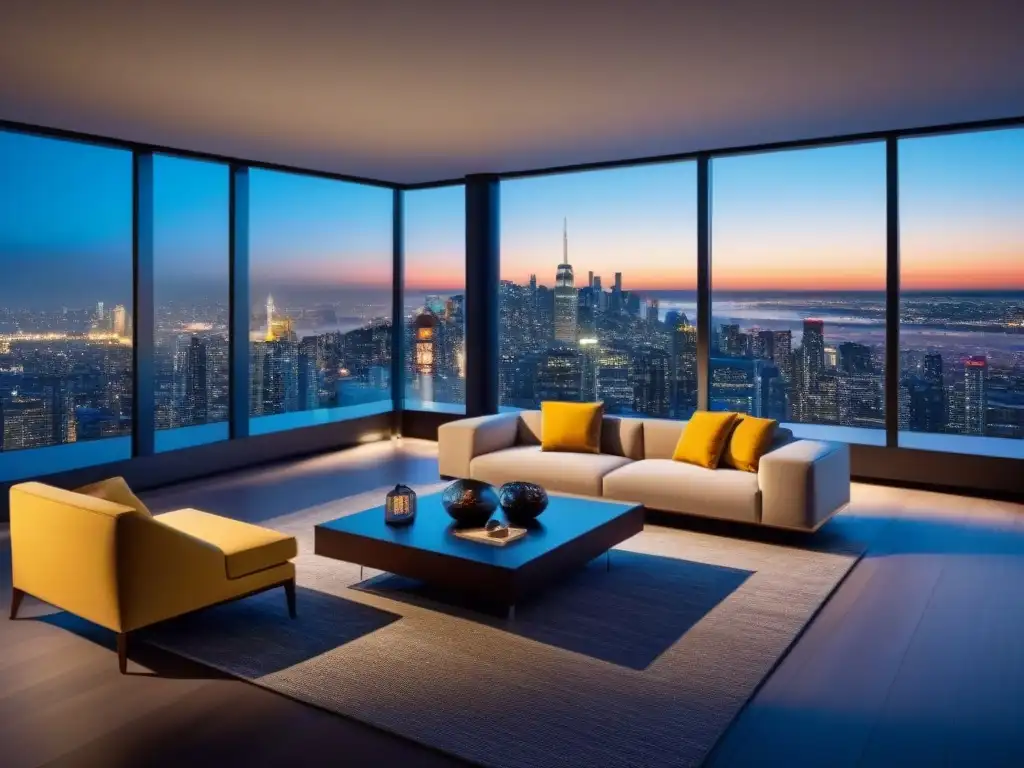 Penthouse de lujo con vistas nocturnas a la ciudad Elegante penthouse con vistas nocturnas de la ciudad y diseño contemporáneo