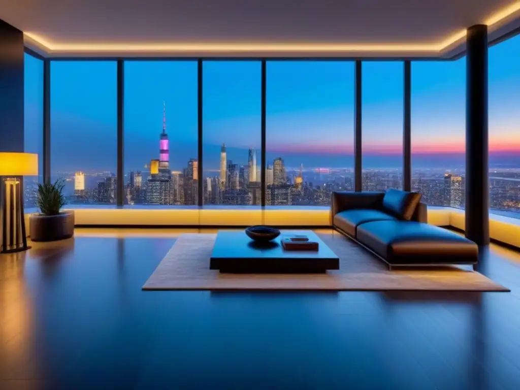 Penthouse de lujo con vista nocturna de ciudad Elegante penthouse con vistas urbanas nocturnas, ideal para retorno inversión campañas publicitarias inmobiliarias