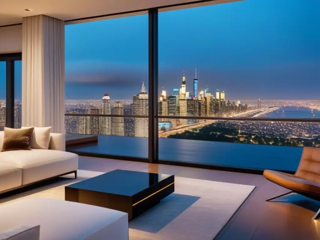 Elegante propiedad de lujo con vista nocturna a la ciudad, muebles contemporáneos y acabados de alta gama
