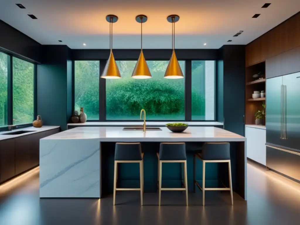 Renovación de cocina de lujo con mármol blanco y vistas a jardín verde Una elegante renovación de cocina, con mármol blanco, electrodomésticos de acero inoxidable y una isla grande
