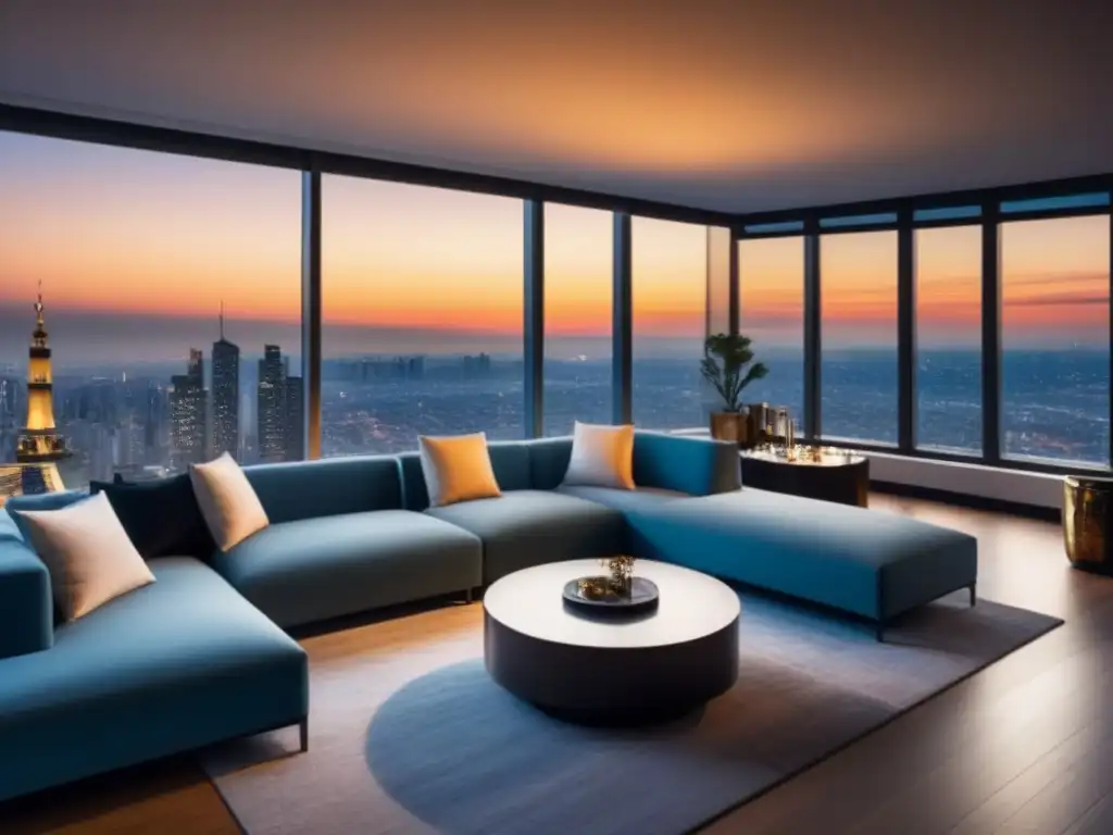 Salón de lujo en piso alto con vista panorámica de ciudad al atardecer Elegante sala de estar en un apartamento de lujo con vista a la ciudad al atardecer, transmitiendo sofisticación y confort