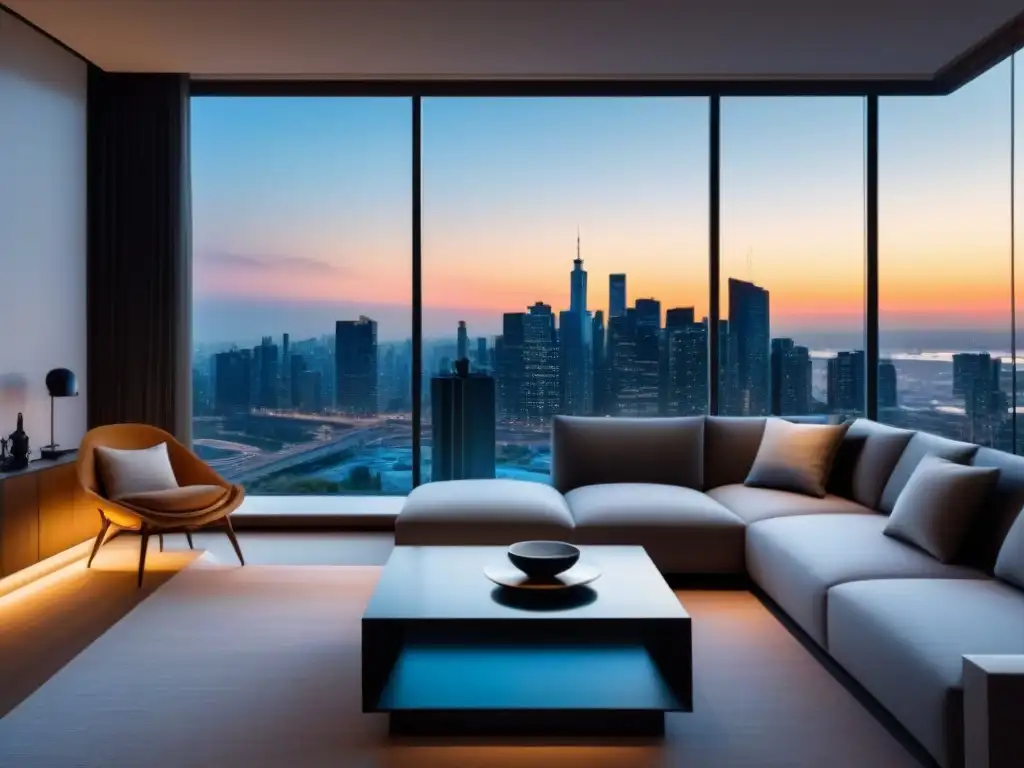 Salón de lujo en rascacielos con vista a la ciudad al atardecer Elegante sala de estar en un apartamento de lujo con vista a la ciudad al atardecer
