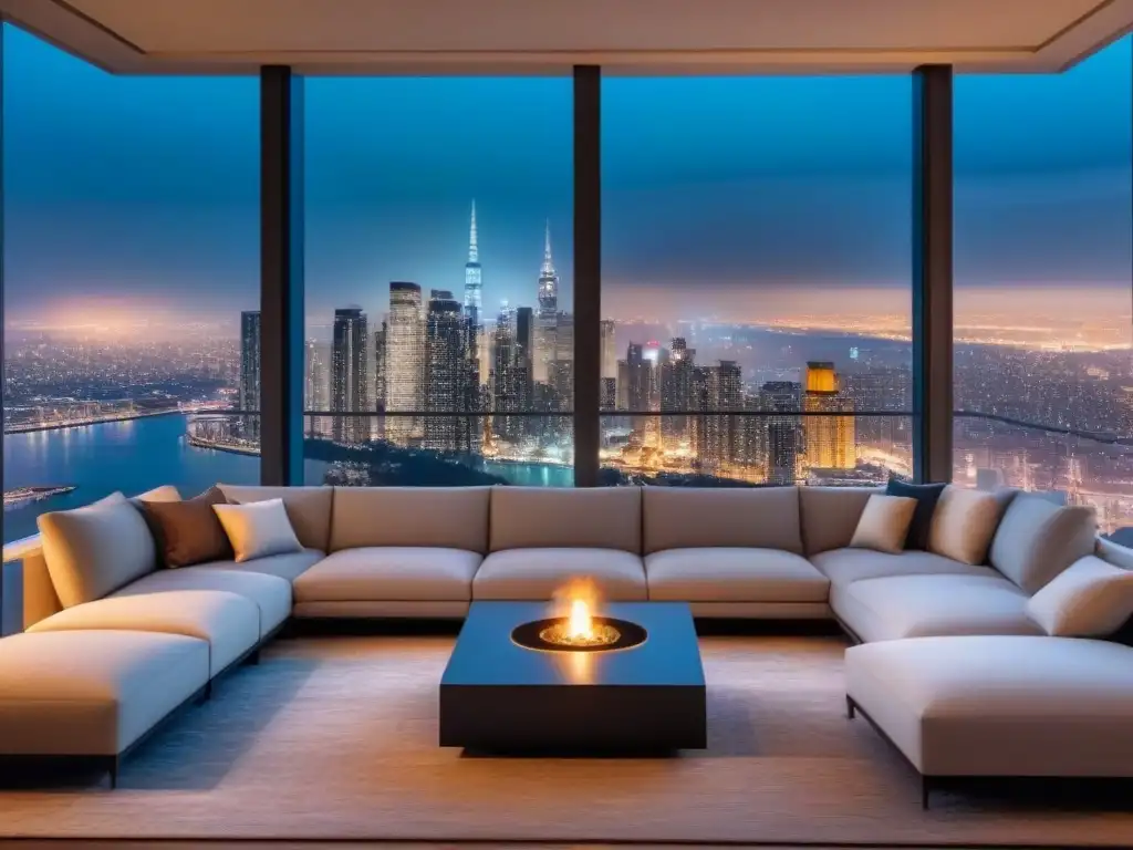 Elegante sala de estar en un apartamento de lujo con vistas nocturnas a la ciudad, ideal para estrategias de content marketing inmobiliario