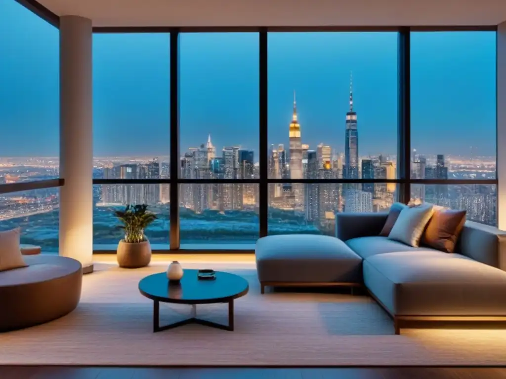 Sofisticado salón de lujo en un rascacielos con vistas urbanas al atardecer Elegante sala de estar en un apartamento de lujo con vistas a la ciudad al anochecer