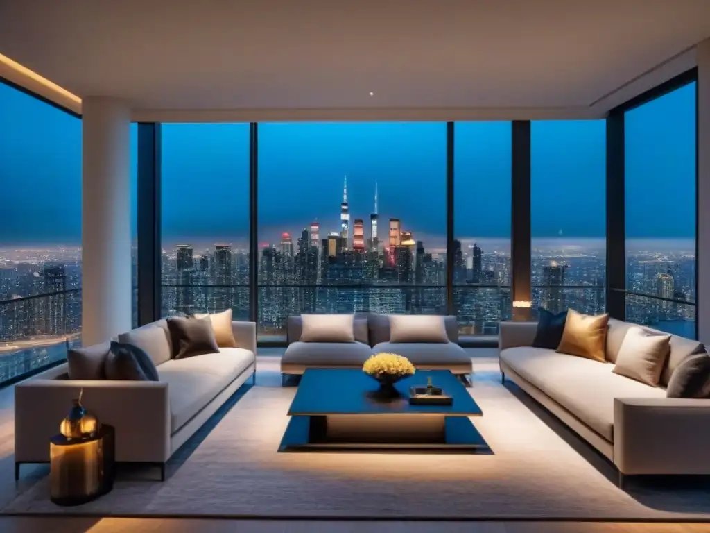 Salón de lujo con vista nocturna de la ciudad en un apartamento de altura Elegante sala de estar en un apartamento de lujo con vistas a la ciudad de noche, ideal para la fidelización de clientes en inmobiliaria