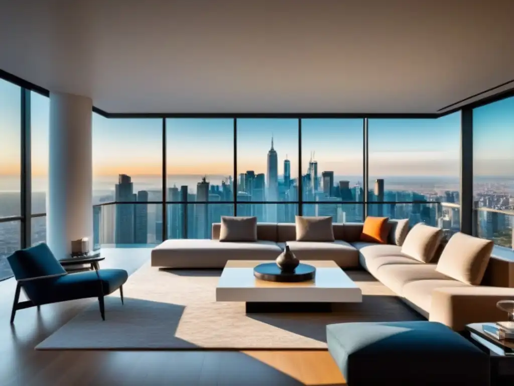 Salón de lujo en apartamento con vistas a la ciudad Elegante sala de estar en un apartamento de lujo con vistas a la ciudad