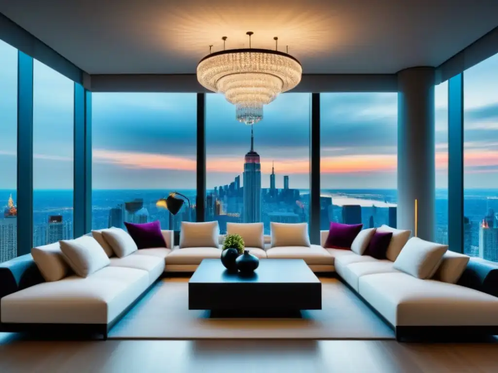 Elegante sala de estar en un apartamento de lujo, con ventanales y vista a la ciudad