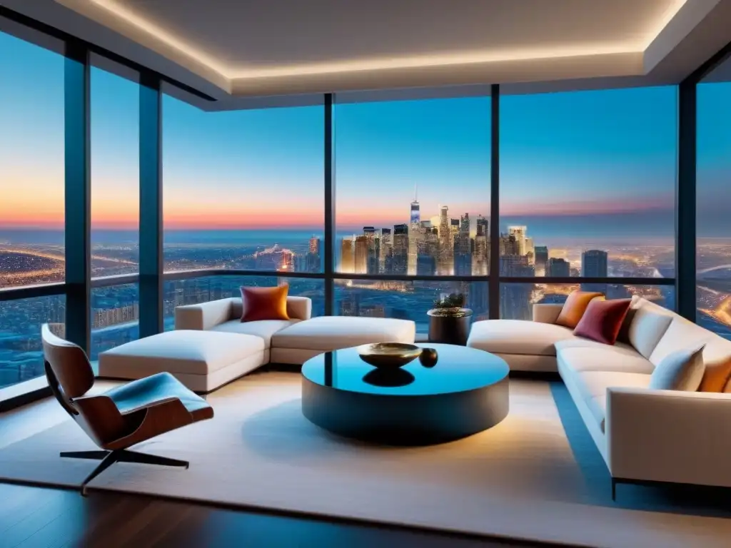 Salón de lujo en edificio alto con vista urbana espectacular Elegante sala de estar en un apartamento de lujo en la ciudad, con vista panorámica