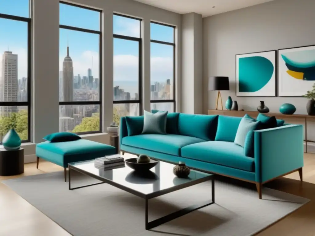 Sofisticado salón moderno: potenciando ventas con colores estratégicos Elegante sala de estar en apartamento moderno con paleta de colores estratégica