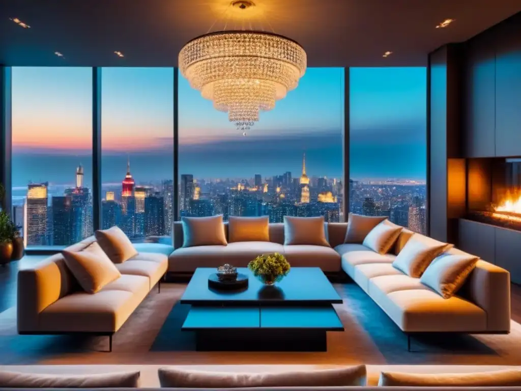 Salón de lujo en penthouse de ciudad con vista al atardecer Elegante sala de estar en un ático de lujo en la ciudad, con vista a la ciudad al atardecer