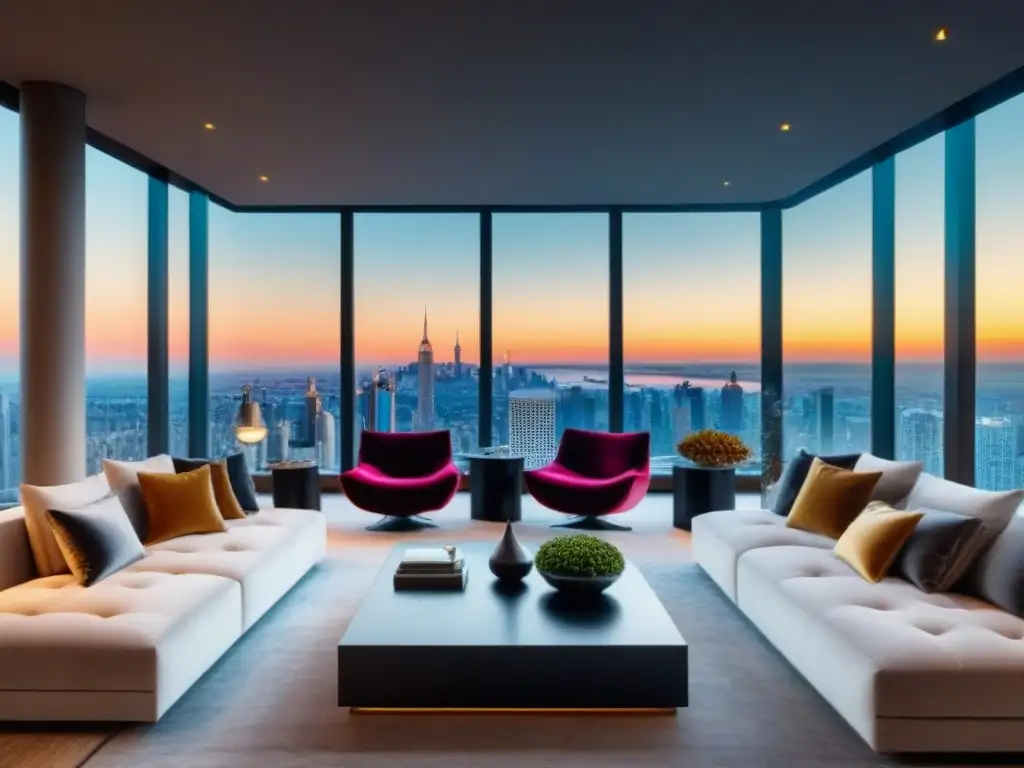 Sala de estar de penthouse moderno de lujo con vista a la ciudad Elegante sala de estar en ático moderno con vista a la ciudad