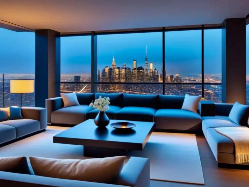 Penthouse de lujo con vista nocturna a la ciudad Elegante sala de estar en ático moderno con vista nocturna de ciudad
