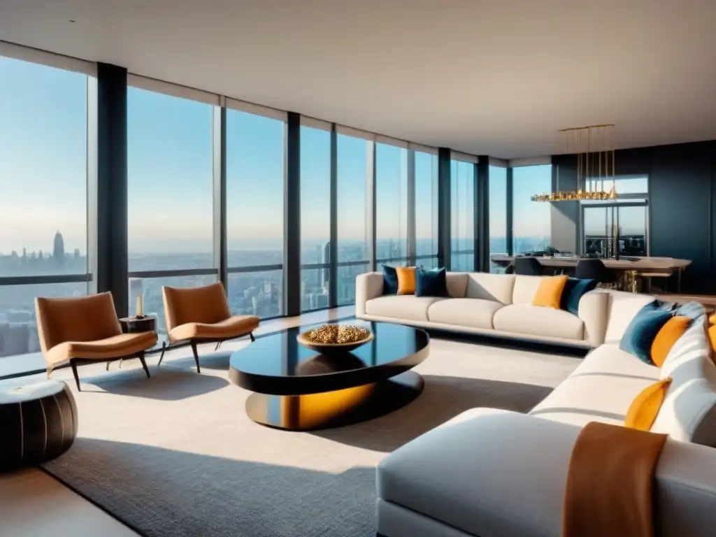 Sala de estar de lujo con vista panorámica a la ciudad Elegante sala de estar en ático con vista panorámica de la ciudad