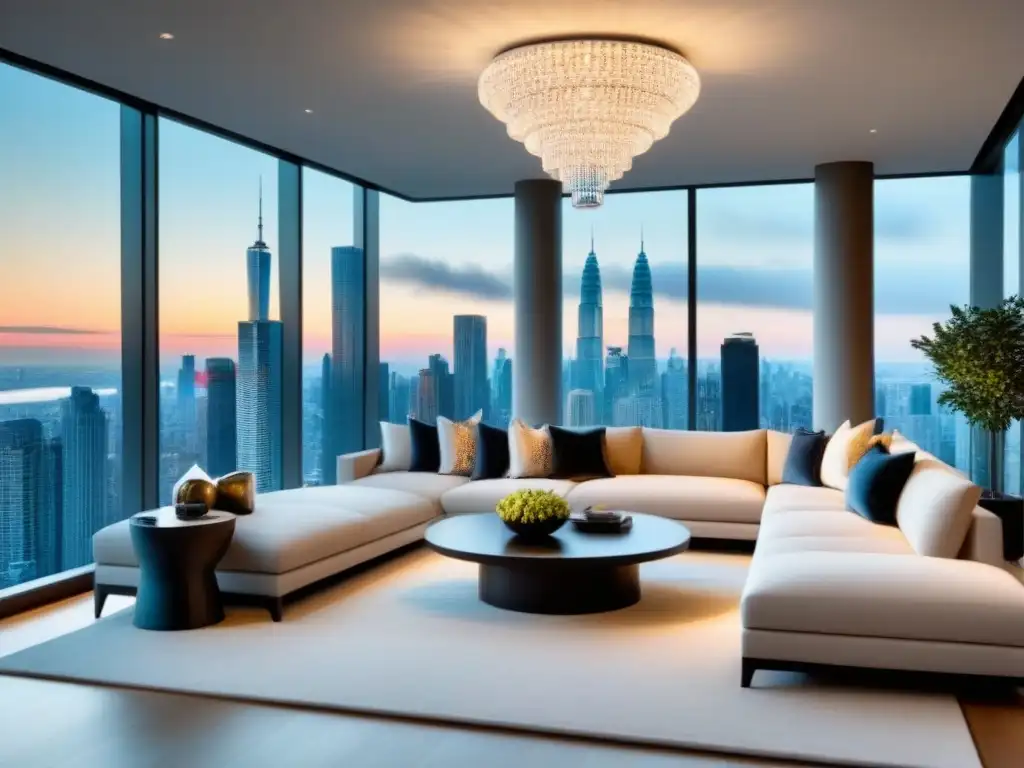 Salón penthouse de lujo con vista a la ciudad Elegante sala de estar en ático con vista a la ciudad y elementos de lujo