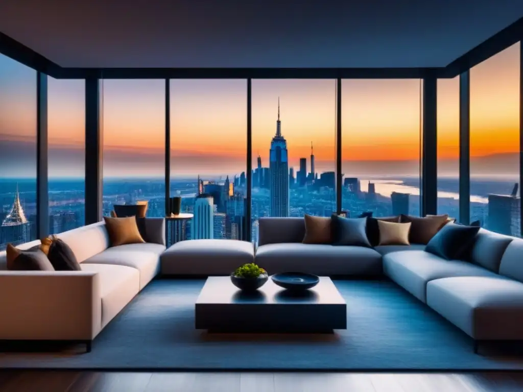 Penthouse moderno con vista panorámica al atardecer Elegante sala de estar en ático con vista a la ciudad al atardecer, fusionando tecnología y diseño en el mercado inmobiliario de realidad virtual
