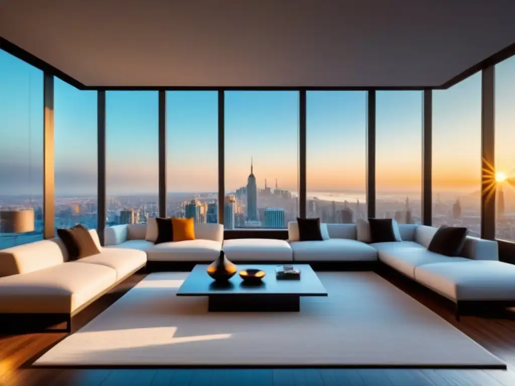Elegante sala de estar en un ático con vista a la ciudad al atardecer, perfecta para disfrutar los beneficios fiscales al invertir en inmobiliario