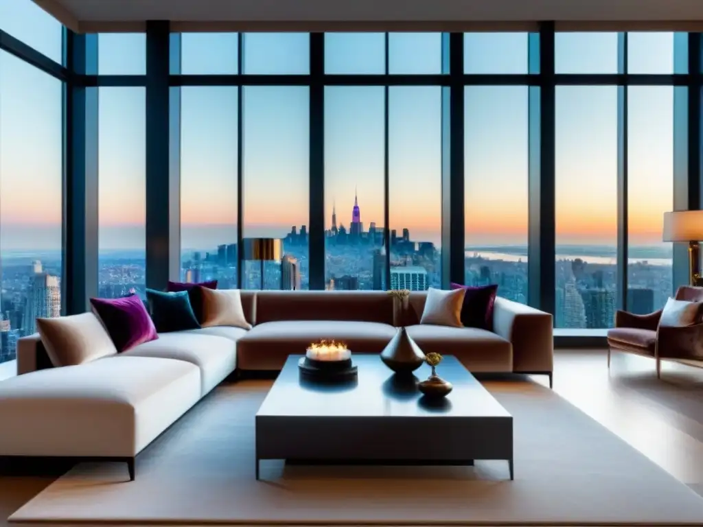 Salón de lujo con vistas panorámicas y mobiliario contemporáneo Elegante sala de estar en ático con vistas panorámicas a la ciudad, muebles modernos y arte decorativo