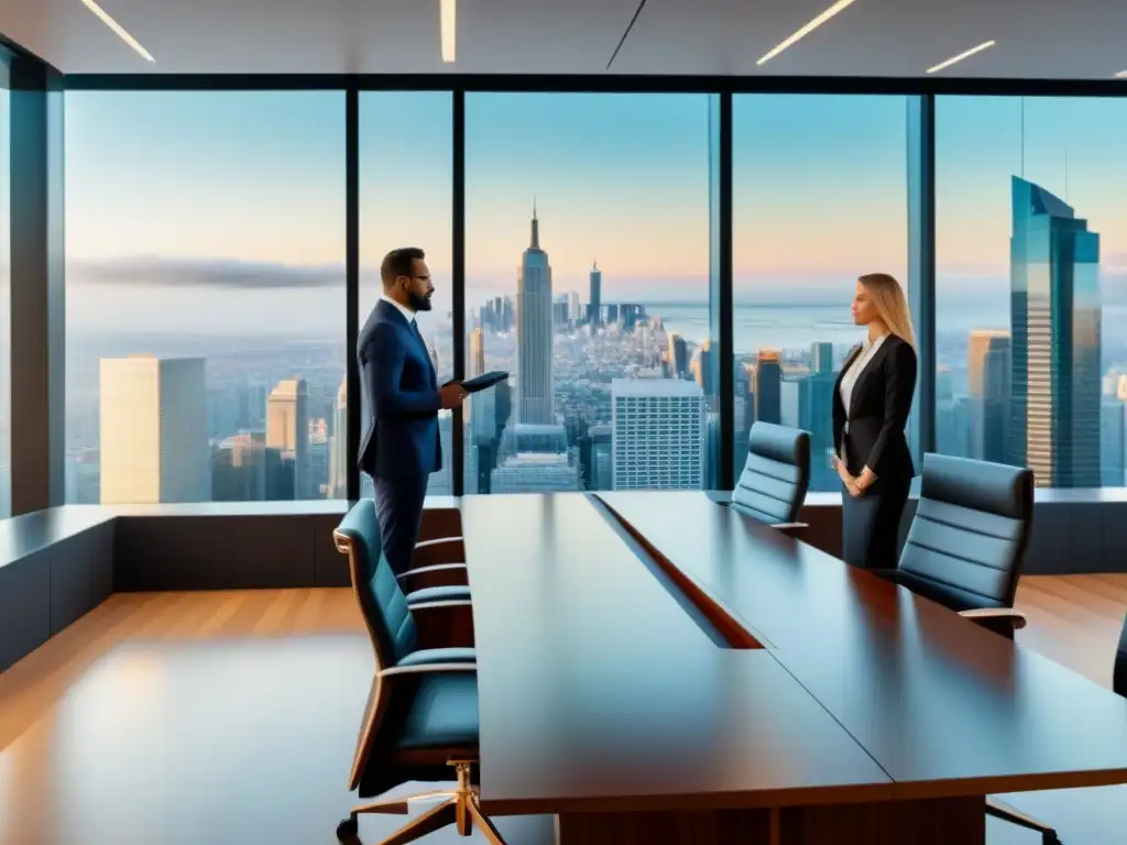 Oficina legal moderna: sala de reuniones con estilo y sofisticación Una elegante sala de conferencias de oficina legal con profesionales discutiendo un contrato en pantalla digital, con una vista de la ciudad al fondo, transmitiendo confianza y colaboración en asesoría legal negociaciones arrendamiento