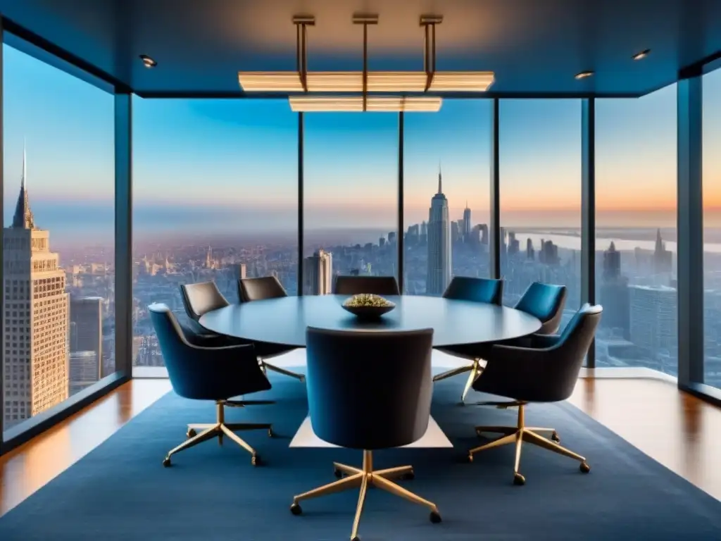 Elegante sala de conferencias con vista a la ciudad, mesa de vidrio y documentos confidenciales