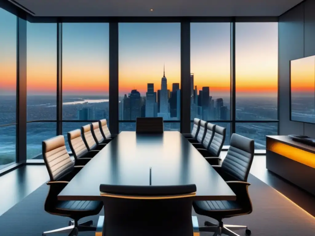 Sala de conferencias de lujo con vista urbana al atardecer Elegante sala de conferencias con vista urbana al atardecer y mesa de reuniones, ideal para aprender sobre errores comunes en flips inmobiliarios