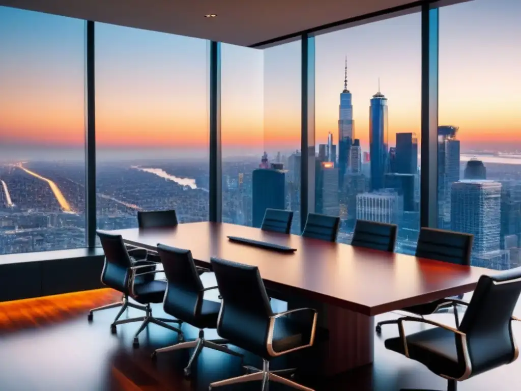 Salón de juntas de lujo con vista a la ciudad al atardecer Una elegante sala de juntas con vista a la ciudad al atardecer, donde profesionales discuten sobre sindicación inmobiliaria para inversores