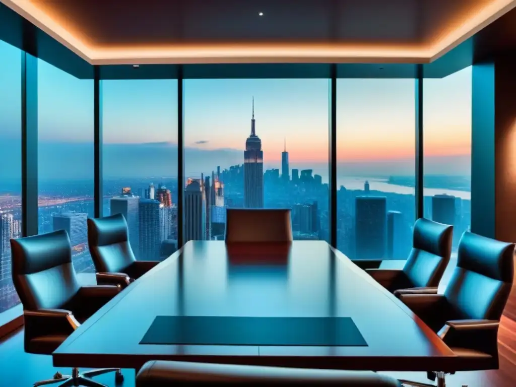 Sala de juntas de lujo con vista a la ciudad al atardecer Elegante sala de juntas con vista a la ciudad al atardecer, profesionales en reunión estratégica