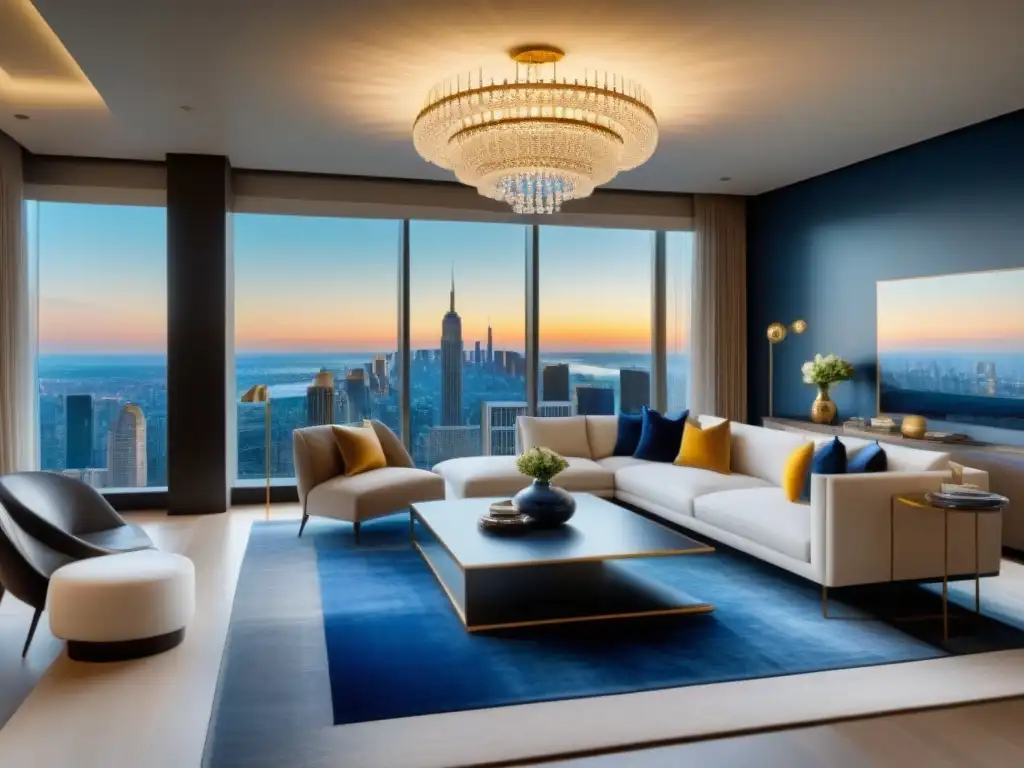 Salón de lujo en rascacielos: sofisticación y opulencia Elegante sala de estar de lujo en un condominio de altura, con muebles modernos y vistas panorámicas de la ciudad
