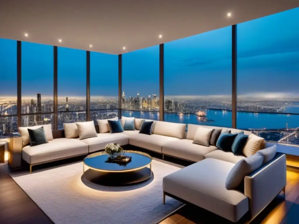 Salón moderno de lujo en penthouse con vistas nocturnas de la ciudad Elegante sala de estar en un lujoso ático con vista a la ciudad de noche