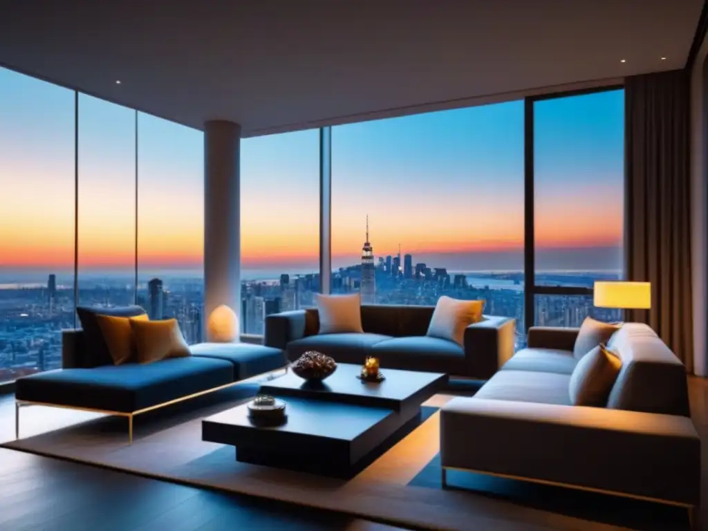Elegante sala de estar moderna en un apartamento de lujo con vista a la ciudad al atardecer