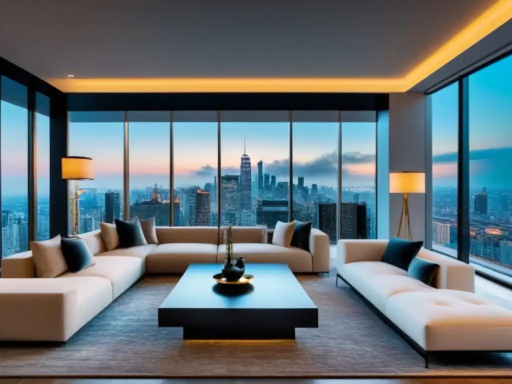 Elegante sala de estar moderna en un apartamento de gran altura con vista panorámica a la ciudad, diseño contemporáneo y muebles lujosos