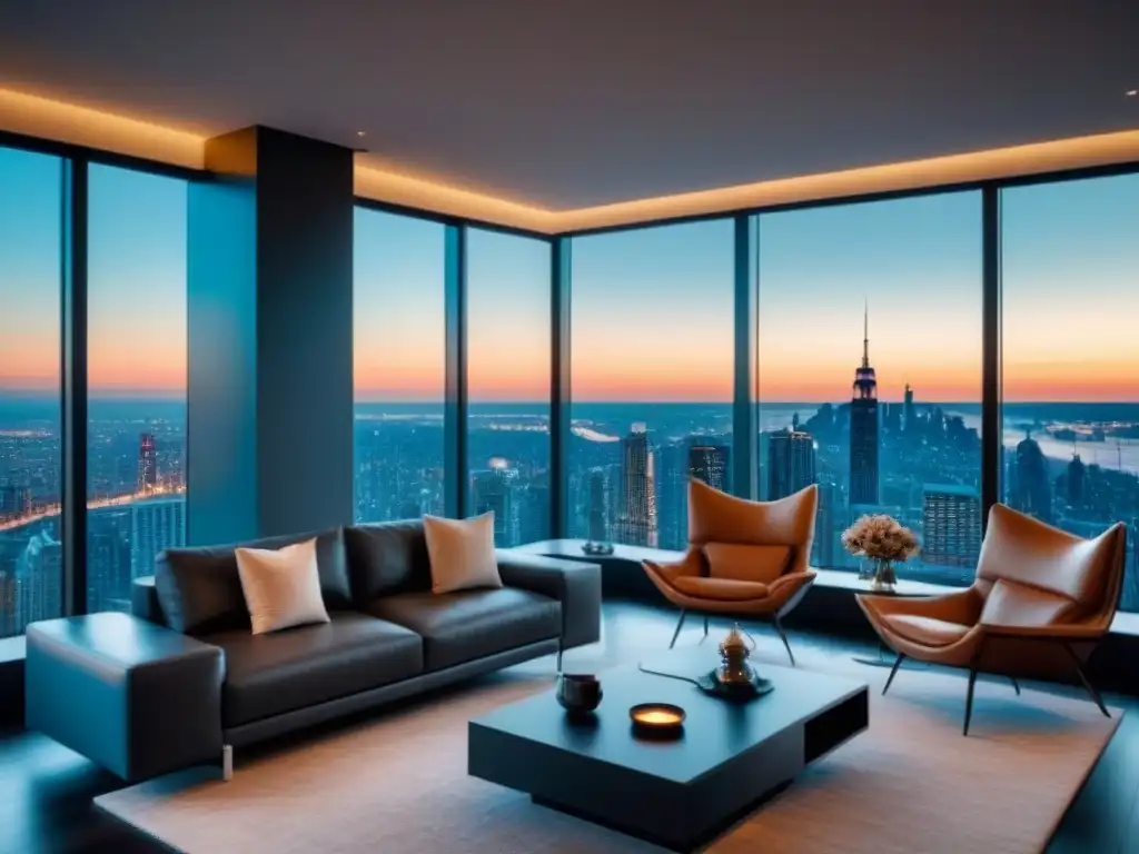 Elegante sala de estar moderna en un apartamento de lujo con impresionante vista a la ciudad al anochecer