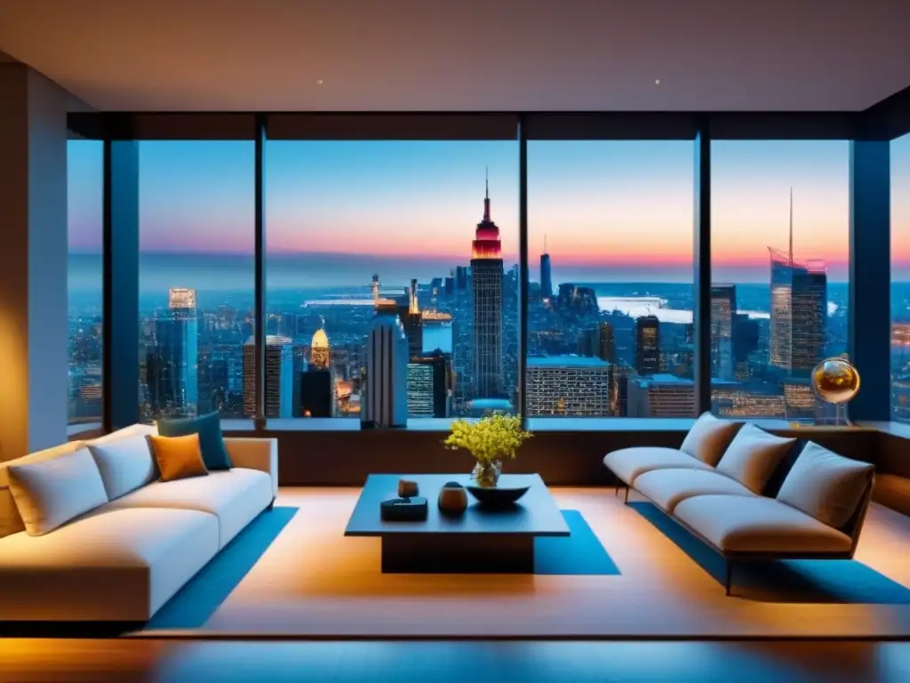 Salón de lujo con vista nocturna de la ciudad y chimenea acogedora Elegante sala de estar moderna con impresionante vista nocturna de la ciudad, ambiente acogedor y sofisticado