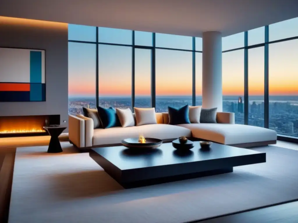 Salón moderno de lujo en penthouse urbano: vista urbana en 8k Elegante sala de estar moderna en un lujoso ático urbano con refinanciamiento de préstamo inmobiliario de lujo