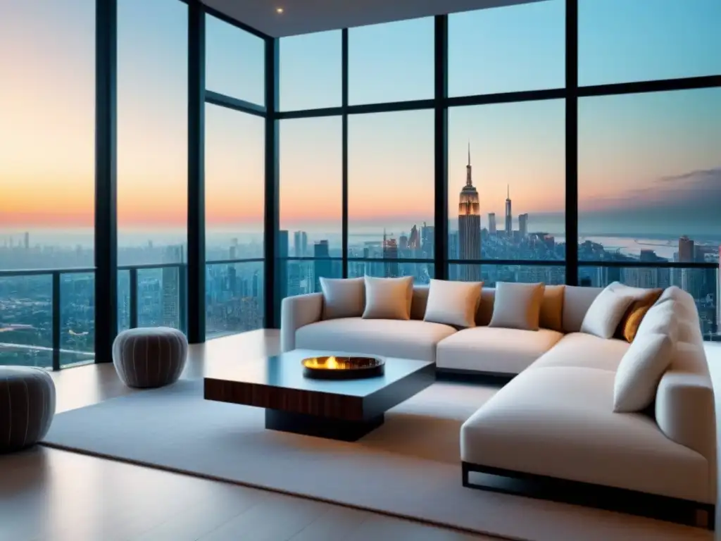 Espléndido salón moderno con vista panorámica en 8k Elegante sala moderna con luz natural, mobiliario contemporáneo y vista urbana