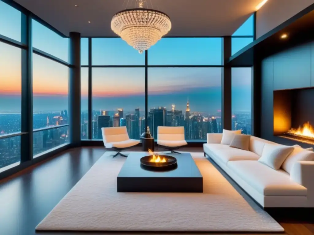 Sofisticada sala de estar de lujo con vista a la ciudad al atardecer Elegante sala de estar moderna con mobiliario blanco, chimenea y vista panorámica urbana al anochecer, ideal para hablar de opciones refinanciamiento lujo inmobiliario