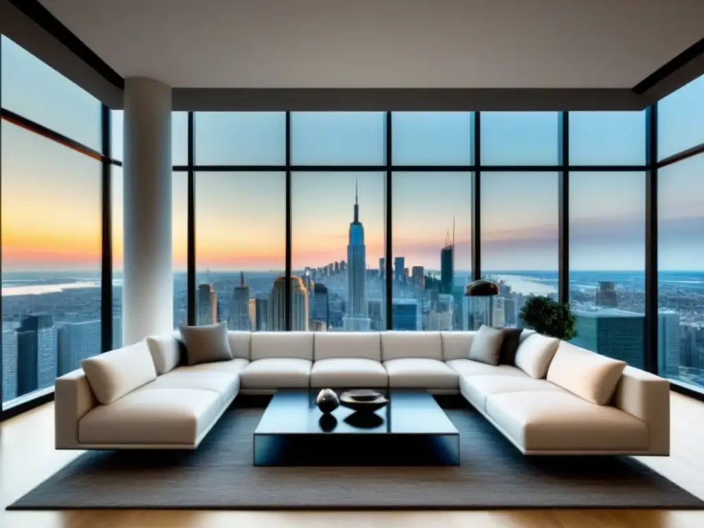 Salón de lujo con vista urbana y arte contemporáneo Elegante sala de estar moderna con muebles blancos, ventanales de piso a techo y obra de arte contemporánea