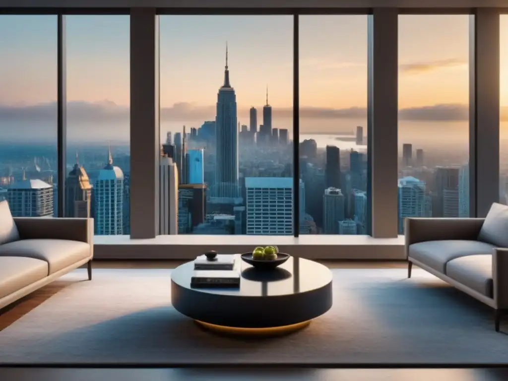 Sofisticada sala de estar de lujo con vistas a la ciudad Una elegante sala de estar moderna con muebles sofisticados, decoración elegante y grandes ventanas con vistas al horizonte de la ciudad